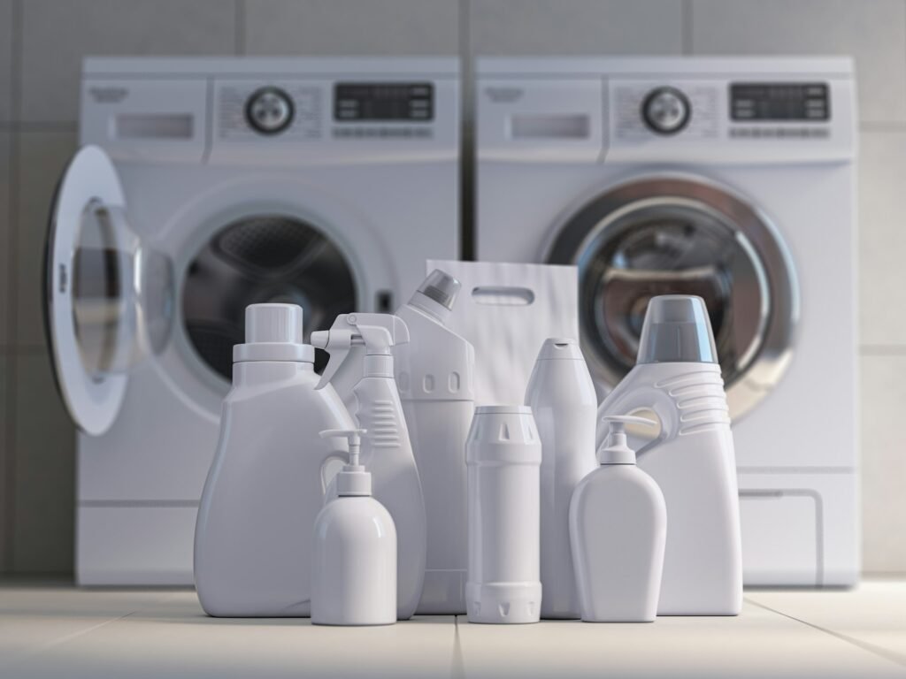 Washing machine, detergent bottles and powder.