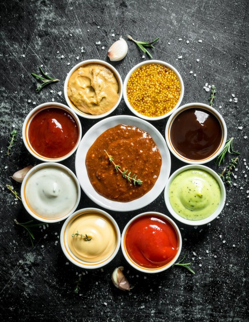 Bowls with sauces.