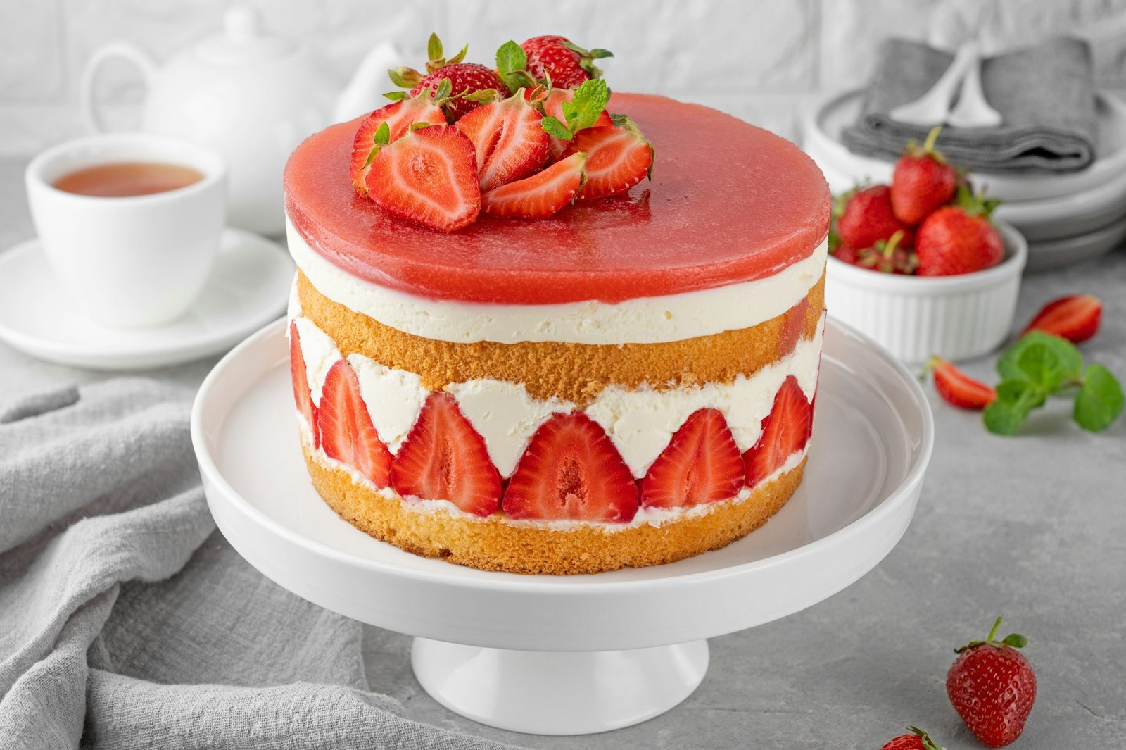 Fraisier mousse cake. Strawberry cake with sponge cake, mousse and jelly. Summer dessert.