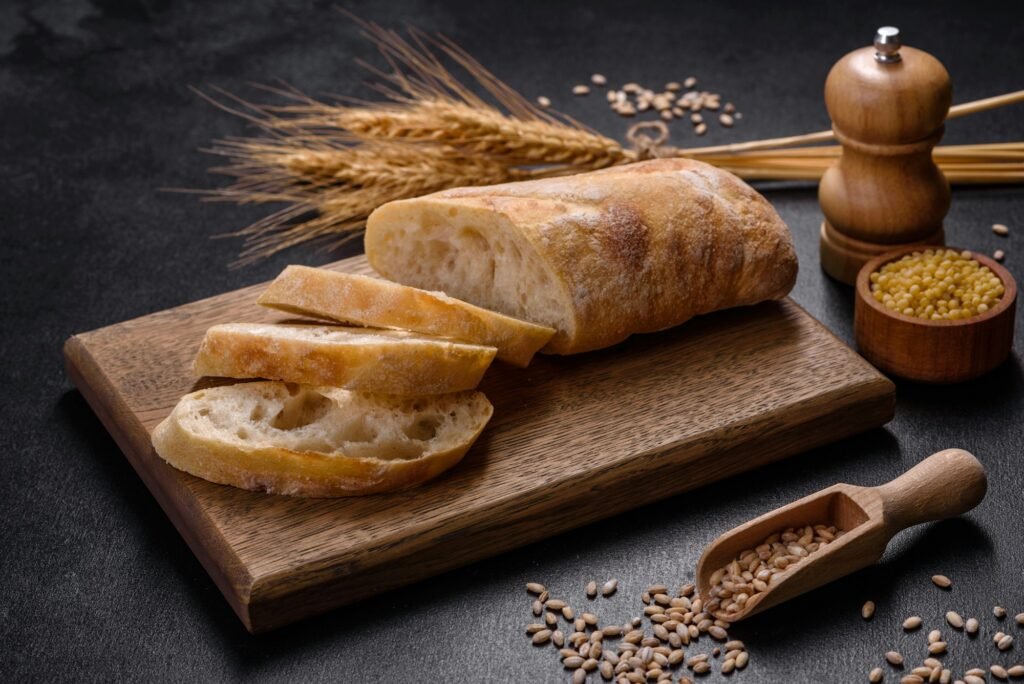 French baguette bread sliced on a wooden cutting board against a dark concrete background