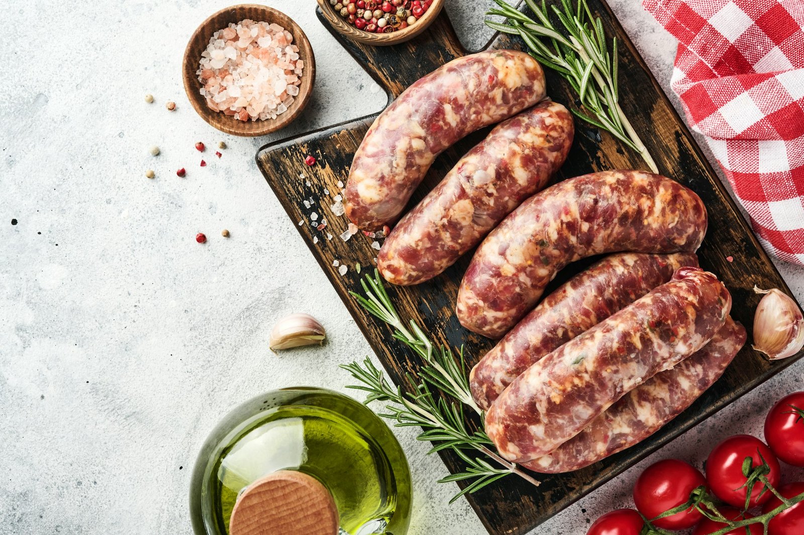 Raw sausages or bratwurst on cutting board with spices and ingredients for cooking. Top view with co