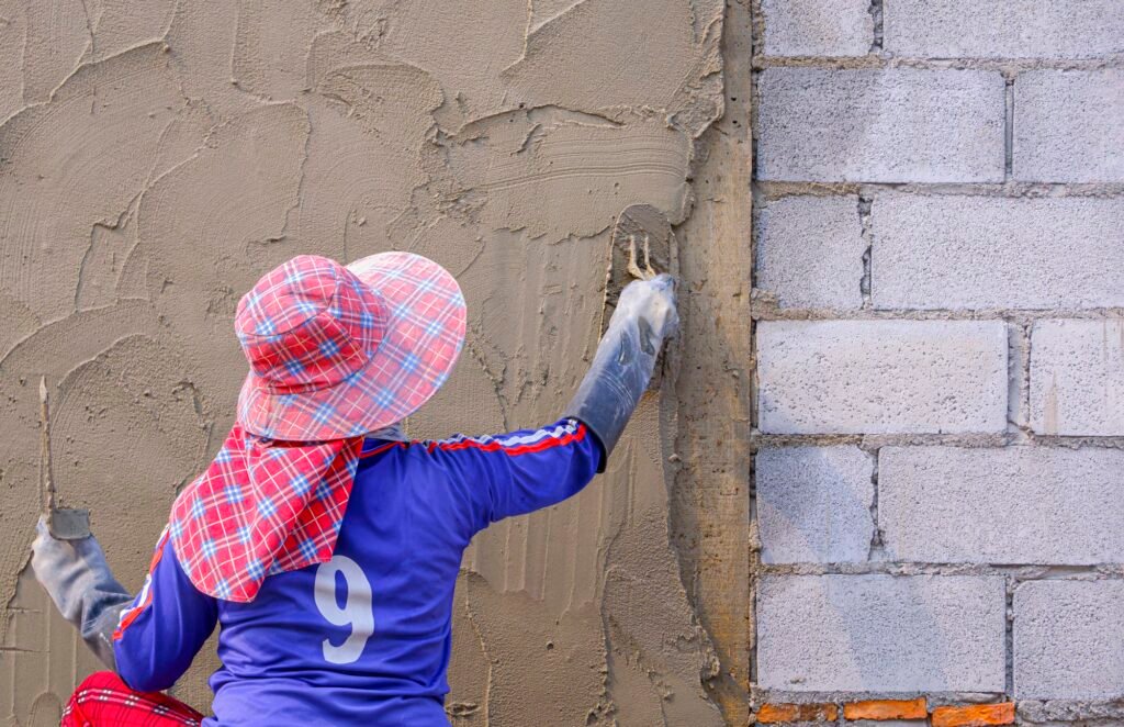 Rear view of female Construction worker plastering cement on concrete block wall