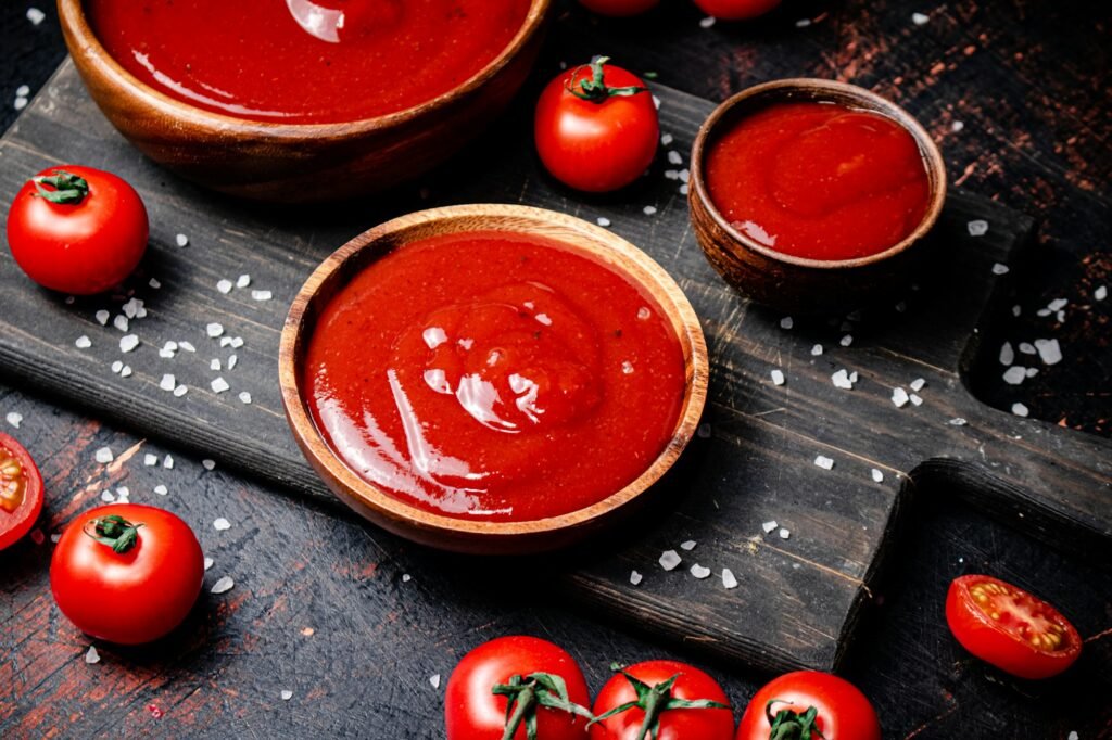 Tomato sauce on a wooden cutting board with pieces of salt.