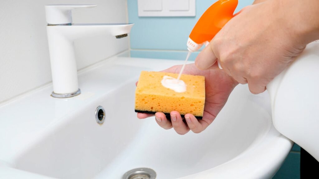 Closeup of young woman spraying detergent or cleanser on sponge and washing sink in bathroom