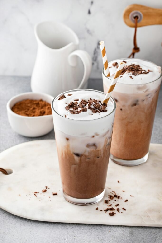 Cold or iced chocolate drink with milk foam, refreshing drink