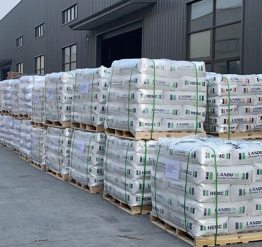 pallets of cement in a warehouse